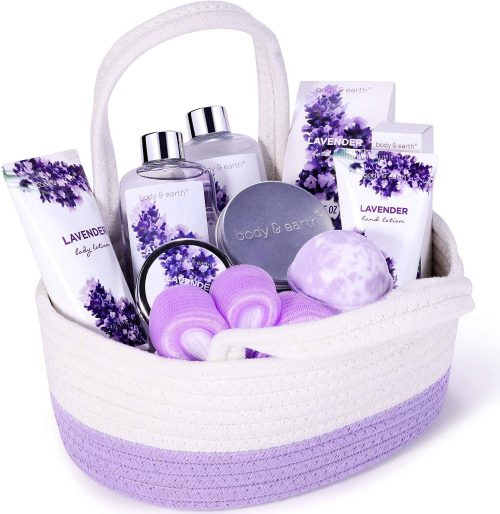 BODY & EARTH 11 tlg. Lavendel Geschenkkorb, Lavendelöl, Peeling, Haarseife, Badesalz, Schaumbad, Duschgel, Wellness Set für Frauen,