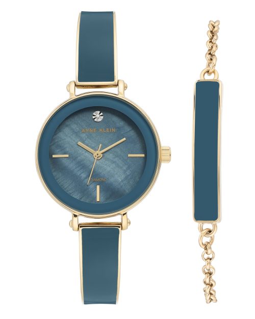 Damenuhr blau perlmutt / gold mit Metall-Armband